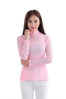 Women Sexy Long Sleeve Heaps Collar T-Shirts Pure Color Slim Shirts Inner Wear Blouse Casual Tee Tops Pink - intl  