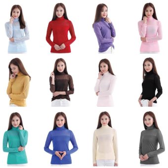 Women Sexy Long Sleeve Heaps Collar T-Shirts Pure Color Slim Shirts Inner Wear Blouse Casual Tee Tops White - intl  