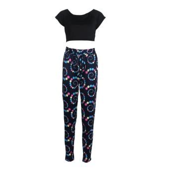 Women Sexy Loose Round Neck Short Sleeve Strap Printed Trousers Blouse (S) - intl  