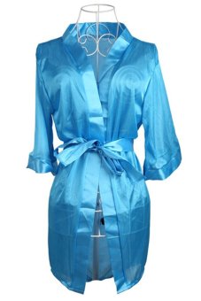 Women Sexy Satin Open Front Belted Nightgown T-back Blue  