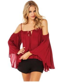 Women Sexy Strapless Lotus Leaf Sleeve Loose T-shirt Summer Tops Red (Intl)  