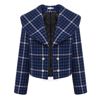 Women Shawl Collar Long Sleeve Plaid Short Double-breasted Quilted Coat Blue - intl  