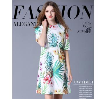 Women Short Sleeve O-Neck Vintage Flower Print Runway Dress Slim Tunic Party Dresses Vestidos - intl  