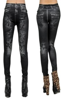 Women skull printing slim sexy tattoo legging pants(black)  