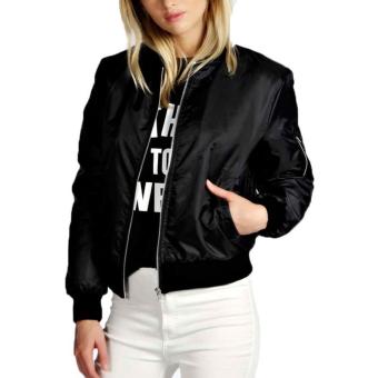 Women Spring Autumn Casual Solid Thin Jacket Bike Coat Celeb Bomber Long Sleeve Stand Collar Short Outerwear Tops Plus Size (Black) - intl  