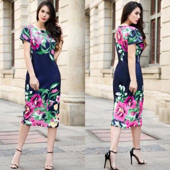 Women Summer Dresses 2017 Short Sleeve Floral Print Bodycon Fashion Elegant Midi Dress Woman(blue) - intl  