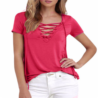 Women Tops Fashion Short Sleeve V-Neck Casual Blouse Plain 8 Colors T-Shirt (Rose) - intl  