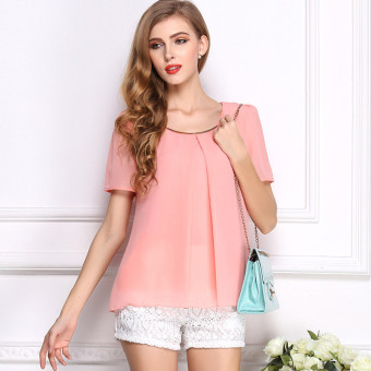 women Tshirt summer chiffon clothes o-neck short sleeves Tops casual chiffon shirt for women(Bare powder) - Intl  
