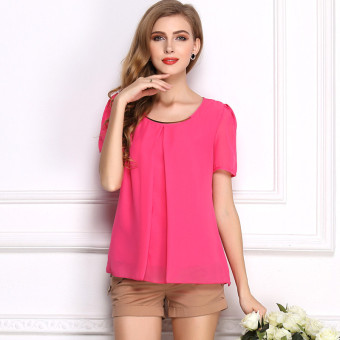 women Tshirt summer chiffon clothes o-neck short sleeves Tops casual chiffon shirt for women(rose red) - Intl  