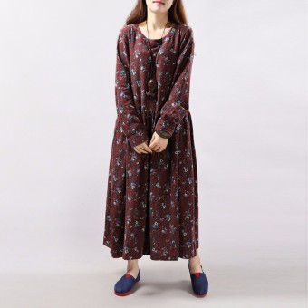 Women Vintage Long Sleeve Round Neck Loose Tunic Floral Flower Maxi Dress Red - intl  