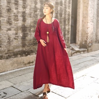 Women Vintage Maxi Long Dress Autumn Oversized O Neck Pleated Solid Vestidos Casual Loose Long Sleeve Dresses - intl  