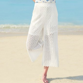 Women White Striped Perspective Beach Culottes Casual Loose Wide Leg Pants  