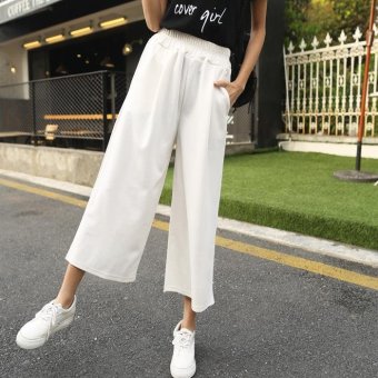 Women Wide Leg Pant Loose Harem Trousers Elastic High Waist Straight Ladies Cropped Pant(White) - intl  