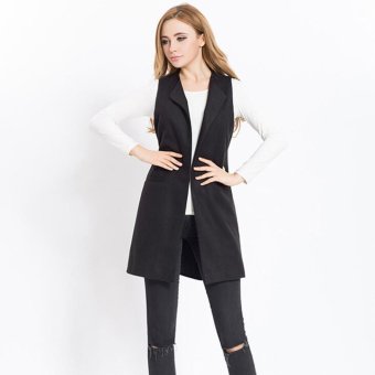 Women Woolen Blend Gilet Vest Cardigan Waistcoat Ladies Warm Winter Plus Size Sleeveless Jacket Black - intl  