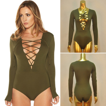 WomenFahionong eeve Deep V neck Jupsuit Green  