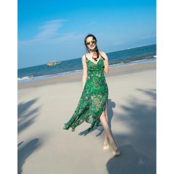 'Women''s Casual Fashion Summer Floral Print Chiffon Bohemian Beach Party sleeveless Dress green - intl'  