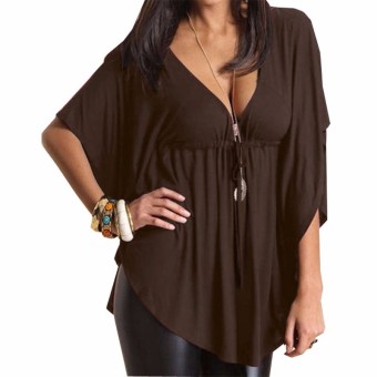 Womens Casual Loose Sexy Deep V-neck Batwing Sleeve Tops Femininas Plus Size Tee Ladies Solid Blouses Shirts Blusas Coffee - intl  