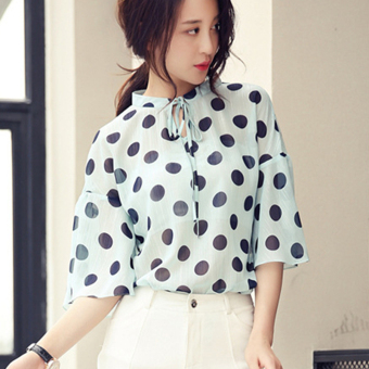 Women's Casual Polka Dots Pattern Short Sleeve Chiffon Shirt (Blue) - Intl  