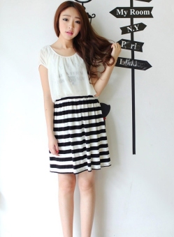 Women's Chiffon Splicing Stripe Slim Dress round Collar Short Sleeve Mini Dress 3 Sizes - intl  