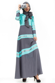 Womens Color Washlight Long Sleeve Muslim Long Dress (Blue)  