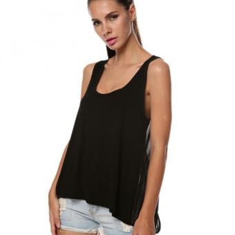 Women's exy O-Neck Sleeveless Loose Backless Patchwork Tops (Black)  