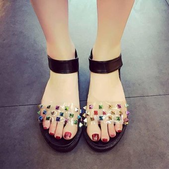 Women's Fashion Rivet Flat Sandals Summer Shoes Thick Heels Wedge Open Toe Casual Students Color Black - intl  