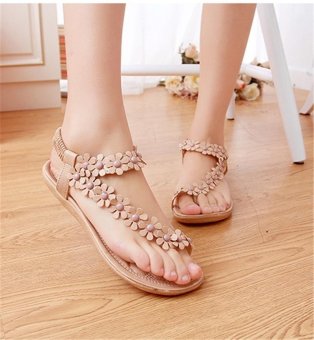 Women's Fashion Sweet Beaded Flower Clip Toe Flat Bohemian Herringbone Sandals?beige? - intl  