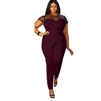 Women's fashionable cloth stitching sexy large size short-sleeved round neck piece pants(Red) - intl  