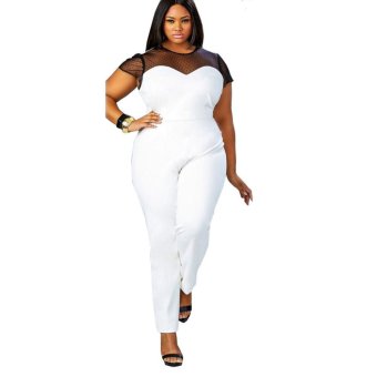 Women's fashionable cloth stitching sexy large size short-sleeved round neck piece pants(White) - intl  