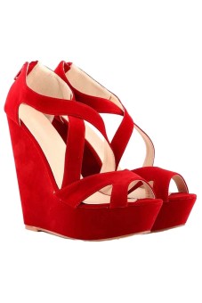 Women's Faux Suede Wedge High Heel Platform Pumps Court Shoes (Red)  