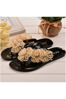 Women's Floral Beach Flat Flip Flop Sandals Slippers Shoes (Black) - intl  