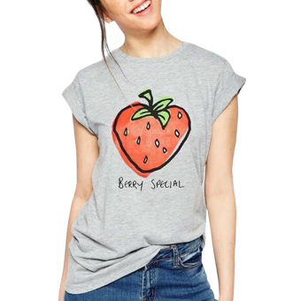 Women's Graphic Strawberry Print Short Sleeve Pullover Summer Tee (Grey)  