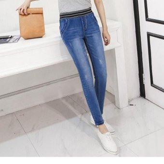 Women's High-waisted Regular Ankle Length Pencil Pants Concise Jean With Scratched Light blue - intl  