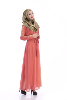 Womens Lace Sleeve Islamic dress Kaftan Muslim Maxi Dress (Cameo brown)(Intl)  