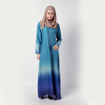 Womens Long Sleeve Color Washlight Chiffon Muslim Dress (Blue)  