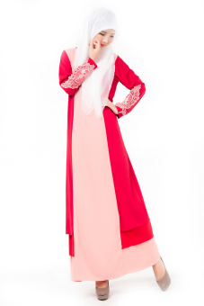 Womens Long Sleeve Kaftan Chiffon Muslim Dress (Red)  