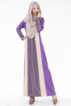 Womens Long Sleeve Lace Joint Kaftan Muslim Maxi Dress (Purple)  