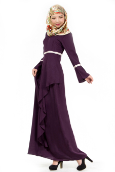 Womens Long Sleeve Lotus Leaf Kaftan Muslim Maxi Dress (Purple)  