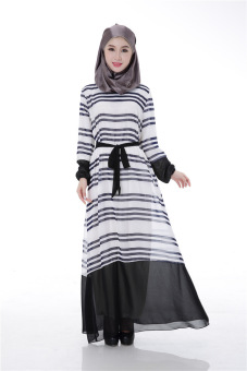 Womens Long Sleeve Stripe Kaftan Muslim Maxi Dress (Black)(Intl)  