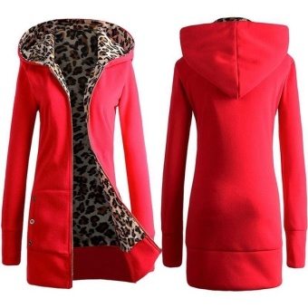 Womens Long Sleeve Zip Hoodie Leopard Casual Coat(Red) - intl  