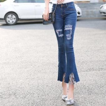 Women's Mid-waisted Elastic Ankle Length Flare Pants Slim Jeans With Tassel Blue - intl  