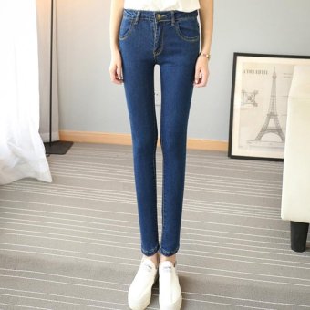 Women's Mid-waisted Elastic Full Length Pencil Pants Slim Jean Dark Blue - intl  