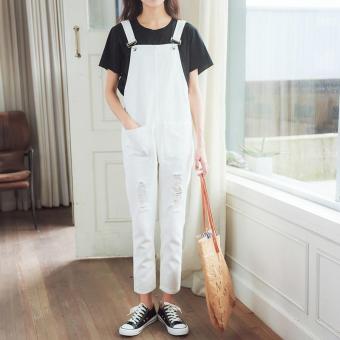 Women's Mid-waisted Regular Ankle Length Overalls Japanese Jeans With Hole White - intl  