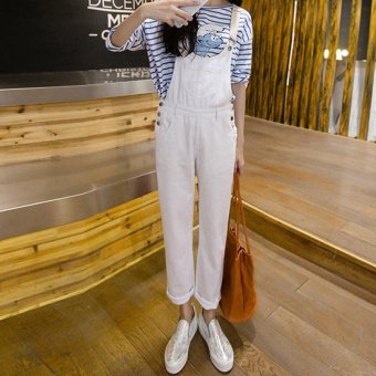 Women's Mid-waisted Regular Ankle Length Overalls Leisure Jeans With Hole White - intl  