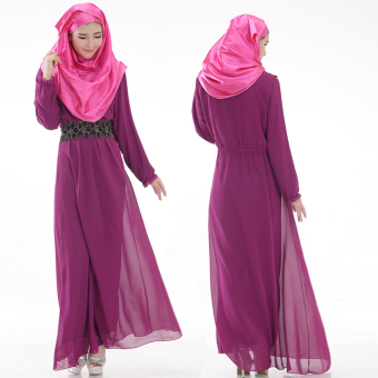 Women's Muslimah Dress Long Sleeves Round Collar Plain Traditional Style Chiffon Long Dress Moslem Islam Dress Purple - intl  