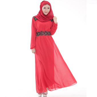Women's Muslimah Dress Long Sleeves Round Collar Plain Traditional Style Chiffon Long Dress Moslem Islam Dress Red  