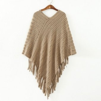 Women's New Fashion Oblique Stripe Tassels Wraps Cape Sweater Knitwear-coffee-  