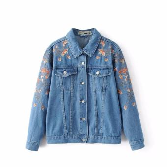 Women's new single breasted denim jacket lapel embroidery jeans jacket Blue - intl  