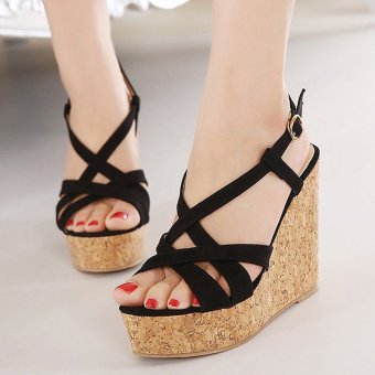 Womens Open Toe Wedge Suede Fashion Sandals Black  