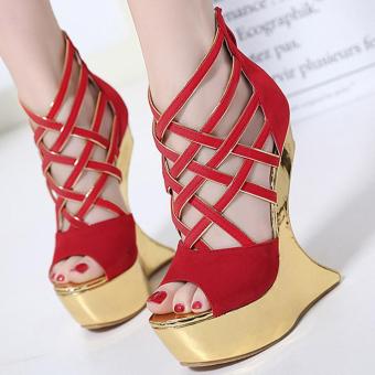 Women's Peep Toe Fantasy Heel Evening High Heels Korean Wedge Sandals Red - intl  